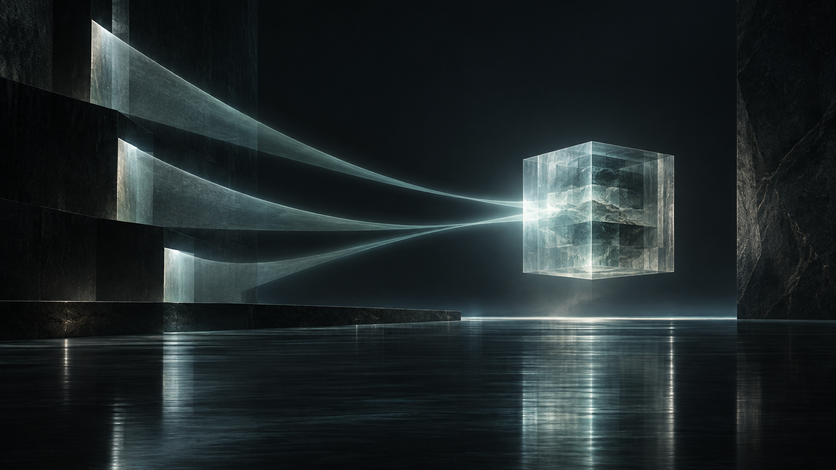 Three subtle light paths converging into a translucent archival volume